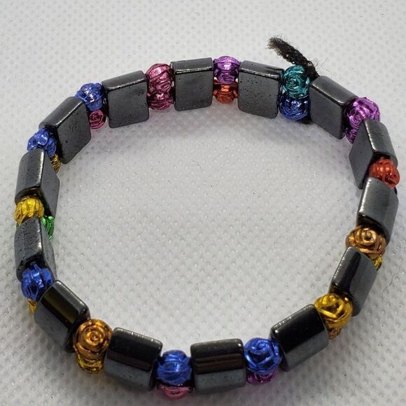 Hematite & Multicolored Rose Beaded Bracelet - Picture 1 of 2